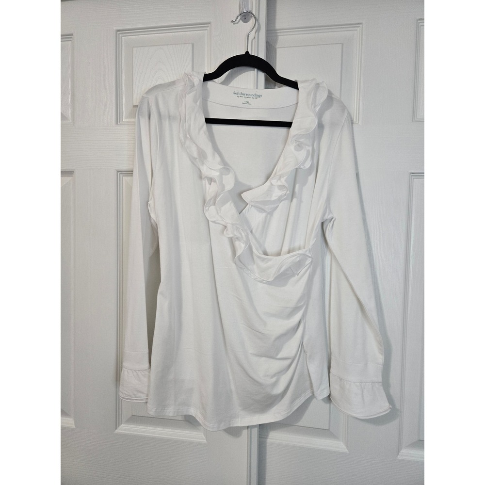 Soft Surroundings White Ruffle Surplice V-Neck Long Sleeve Ruched Top Large